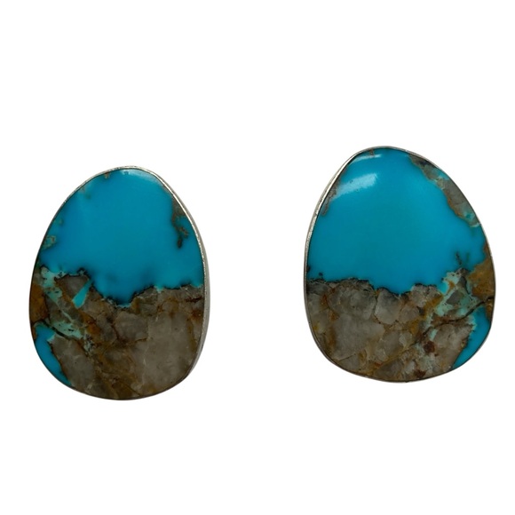 Nick Garcia Large Egg-Shaped Turquoise and 925 Sterling Silver Clip-On Earrings